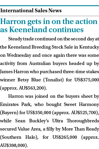  ￼ Harron gets in on the action as Keeneland continues Steady trade continued on the second day at the Keeneland Bree...