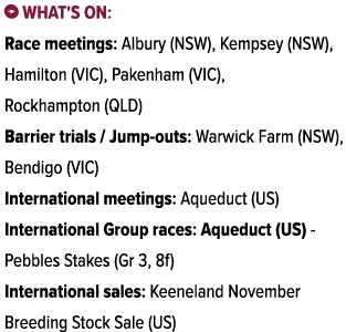 ￼ What's on: Race meetings: Albury (NSW), Kempsey (NSW), Hamilton (VIC), Pakenham (VIC), Rockhampton (QLD) Barrier tr...