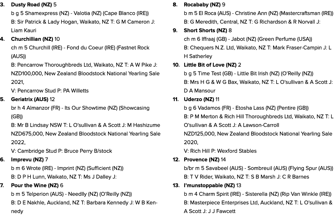 3. Dusty Road (NZ) 5 b g 5 Shamexpress (NZ) Valotia (NZ) (Cape Blanco (IRE)) B: Sir Patrick & Lady Hogan, Waikato, NZ...