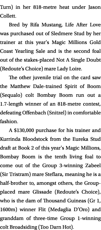 Turn) in her 818 metre heat under Jason Collett. Bred by Rifa Mustang, Life After Love was purchased out of Sledmere ...