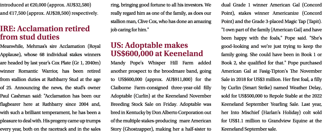 introduced at €20,000 (approx. AU$32,580) and €17,500 (approx. AU$28,500) respectively. IRE: Acclamation retired from...