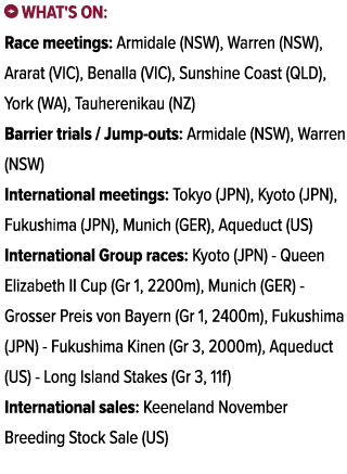 ￼ What's on: Race meetings: Armidale (NSW), Warren (NSW), Ararat (VIC), Benalla (VIC), Sunshine Coast (QLD), York (WA...