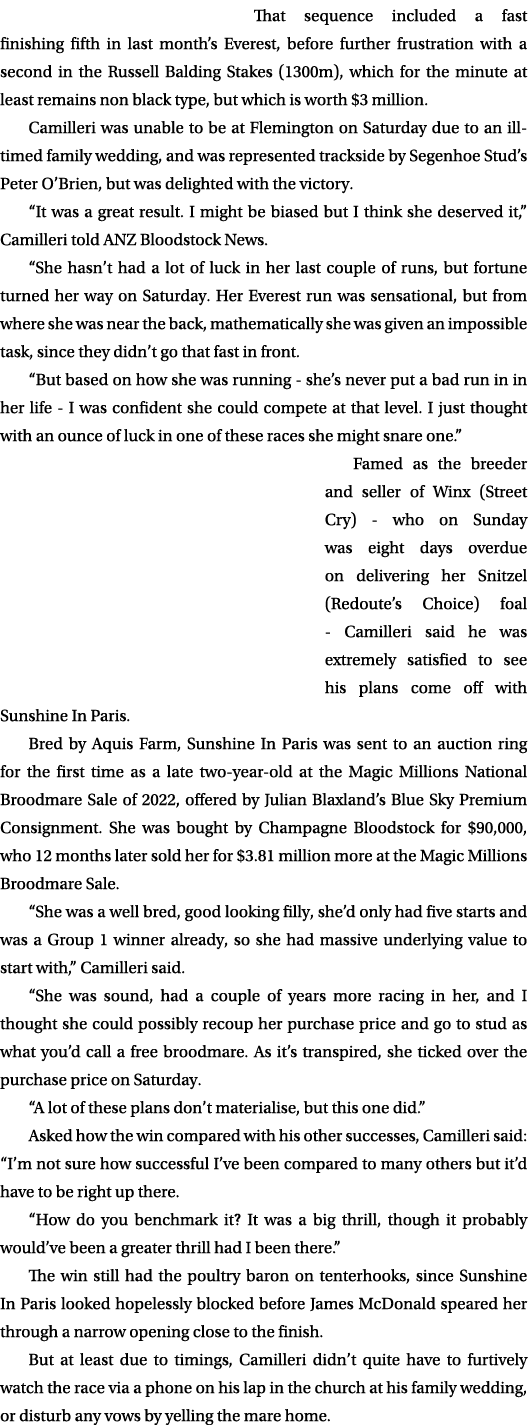 That sequence included a fast finishing fifth in last month’s Everest, before further frustration with a second in th...