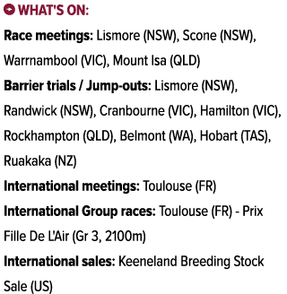 ￼ What's on: Race meetings: Lismore (NSW), Scone (NSW), Warrnambool (VIC), Mount Isa (QLD) Barrier trials / Jump outs...