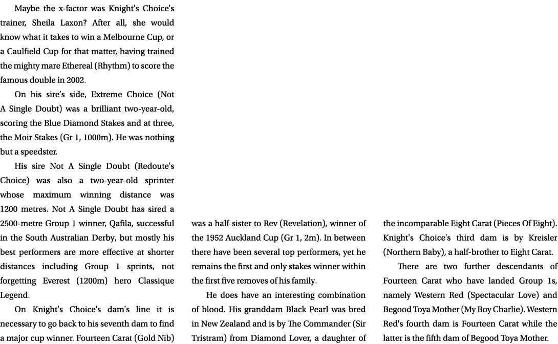 Maybe the x factor was Knight's Choice's trainer, Sheila Laxon? After all, she would know what it takes to win a Melb...