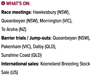 ￼ What's on: Race meetings: Hawkesbury (NSW), Queanbeyan (NSW), Mornington (VIC), Te Aroha (NZ) Barrier trials / Jump...