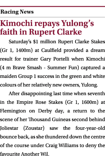  ￼ Kimochi repays Yulong’s faith in Rupert Clarke Saturday’s $1 million Rupert Clarke Stakes (Gr 1, 1400m) at Caulfie...