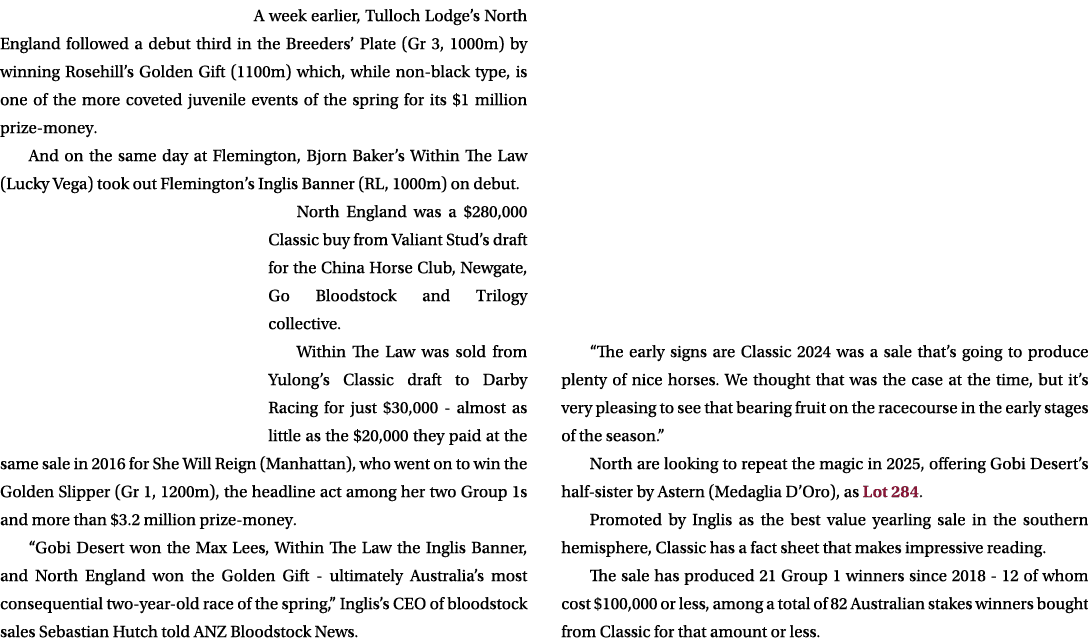 A week earlier, Tulloch Lodge’s North England followed a debut third in the Breeders’ Plate (Gr 3, 1000m) by winning ...