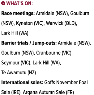 ￼ What's on: Race meetings: Armidale (NSW), Goulburn (NSW), Kyneton (VIC), Warwick (QLD), Lark Hill (WA) Barrier tria...