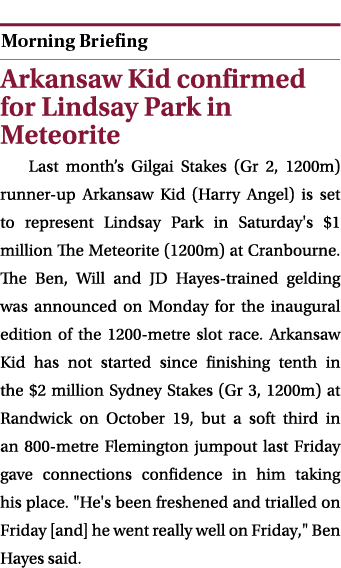  ￼ Arkansaw Kid confirmed for Lindsay Park in Meteorite Last month’s Gilgai Stakes (Gr 2, 1200m) runner up Arkansaw K...