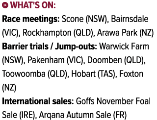 ￼ What's on: Race meetings: Scone (NSW), Bairnsdale (VIC), Rockhampton (QLD), Arawa Park (NZ) Barrier trials / Jump o...