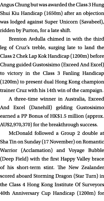 Angus Chung but was awarded the Class 3 Hung Shui Kiu Handicap (1650m) after an objection was lodged against Super Un...