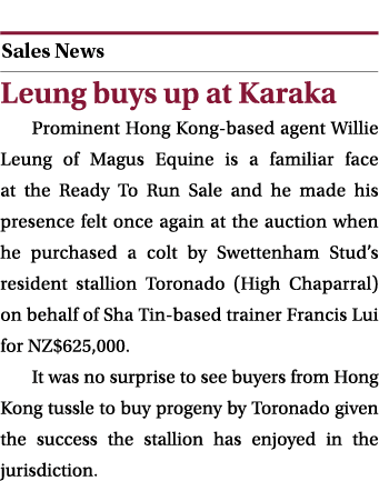  ￼ Leung buys up at Karaka Prominent Hong Kong based agent Willie Leung of Magus Equine is a familiar face at the Rea...