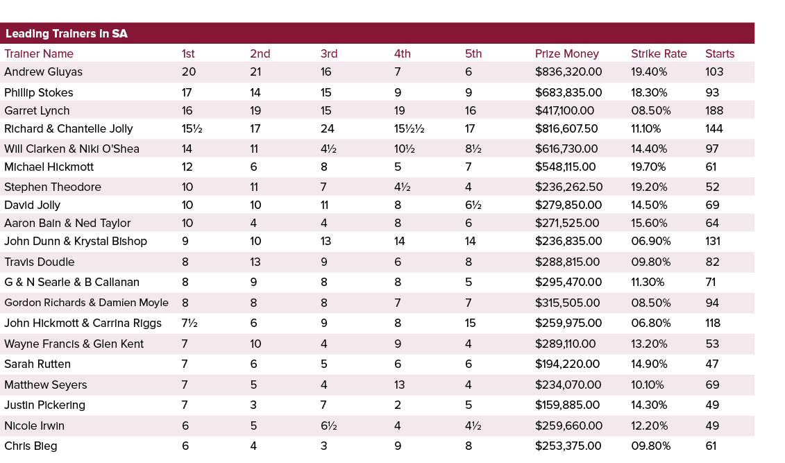 Leading Trainers in SA ,,,,Trainer Name,1st,2nd,3rd,4th,5th,Prize Money,Strike Rate,Starts,Andrew Gluyas,20,21,16,7,6...