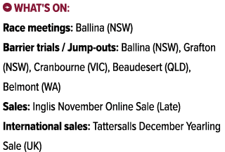 ￼ What's on: Race meetings: Ballina (NSW) Barrier trials / Jump outs: Ballina (NSW), Grafton (NSW), Cranbourne (VIC),...