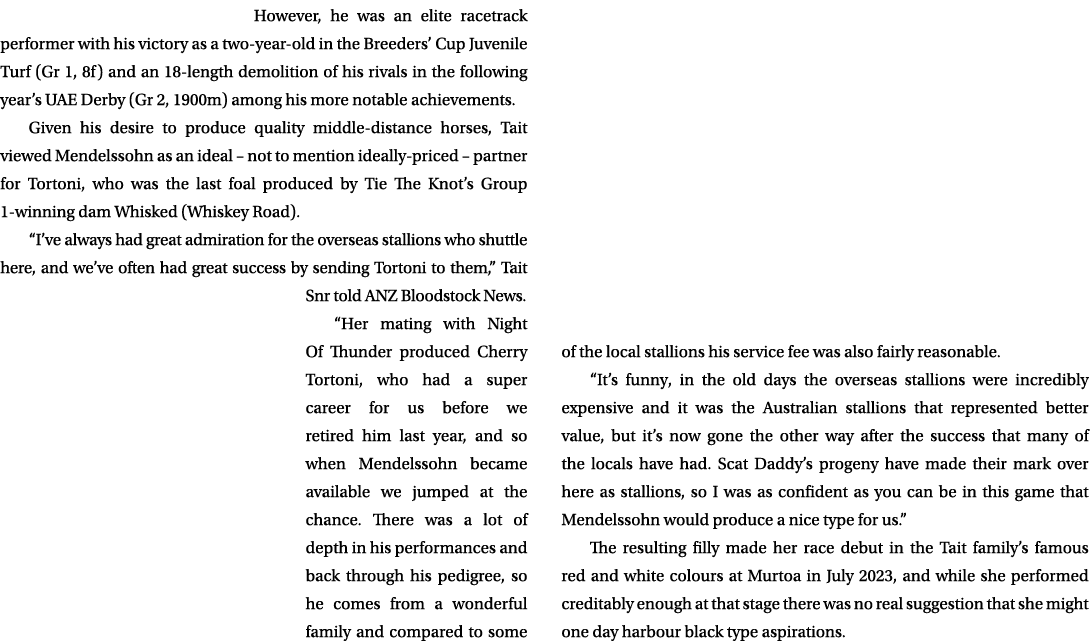 However, he was an elite racetrack performer with his victory as a two year old in the Breeders’ Cup Juvenile Turf (G...