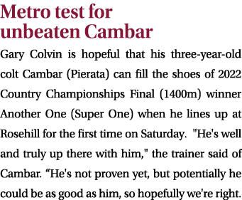 Metro test for unbeaten Cambar Gary Colvin is hopeful that his three year old colt Cambar (Pierata) can fill the shoe...