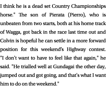 I think he is a dead set Country Championships horse.\“ The son of Pierata (Pierro), who is unbeaten from two starts,...