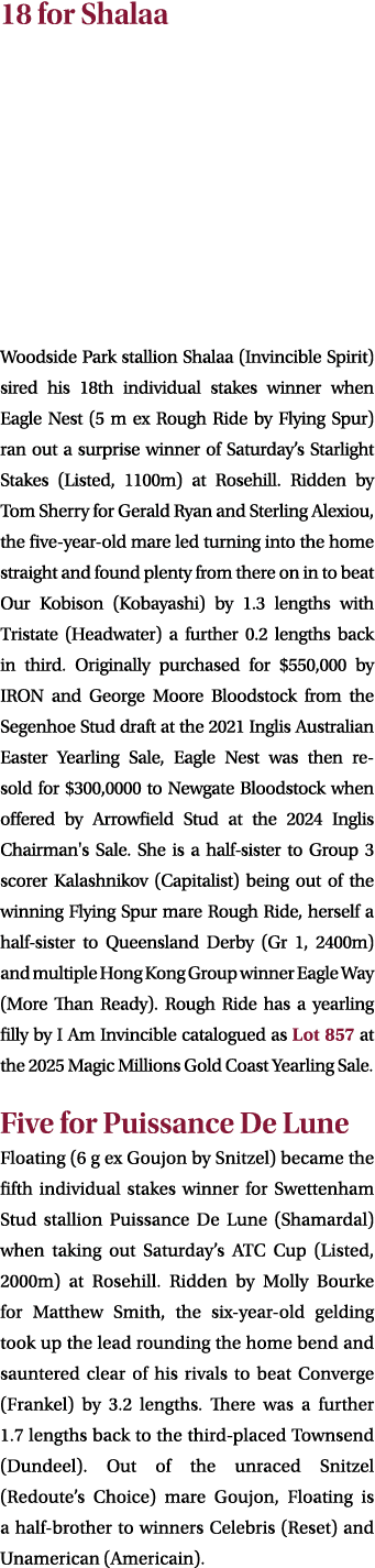 18 for Shalaa Woodside Park stallion Shalaa (Invincible Spirit) sired his 18th individual stakes winner when Eagle Ne...