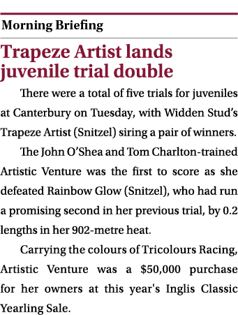  ￼ Trapeze Artist lands juvenile trial double There were a total of five trials for juveniles at Canterbury on Tuesda...