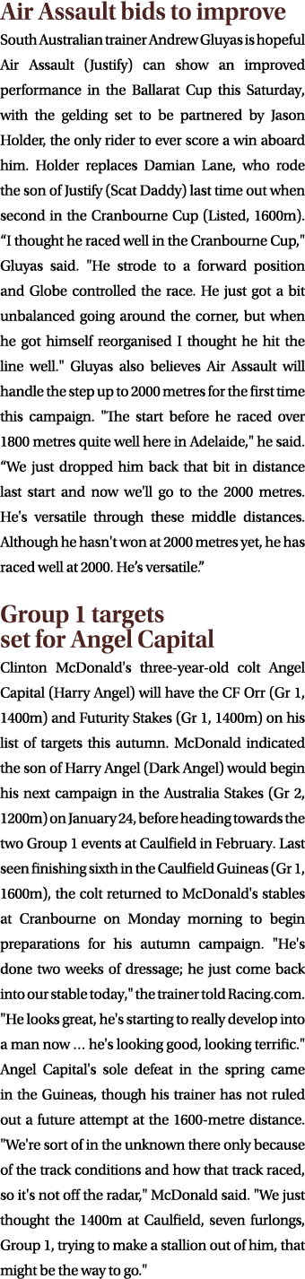 Air Assault bids to improve South Australian trainer Andrew Gluyas is hopeful Air Assault (Justify) can show an impro...