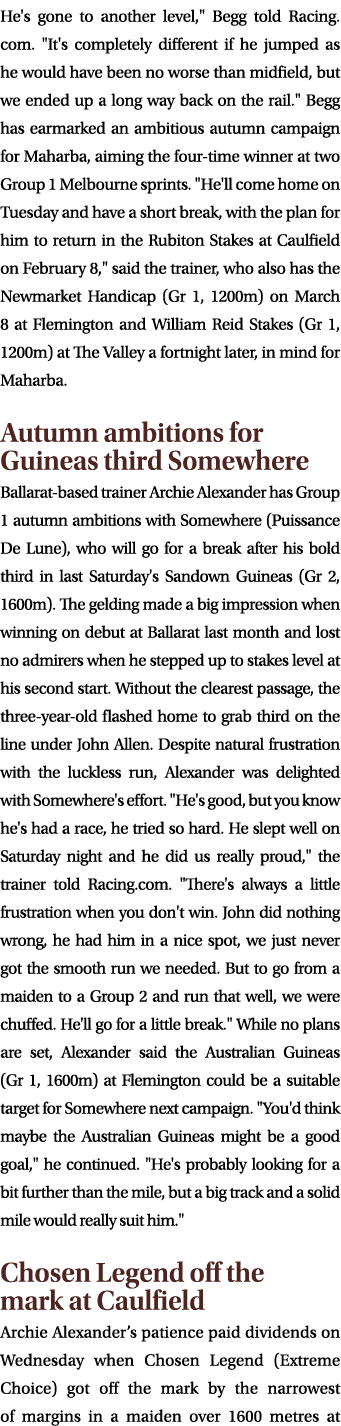 He's gone to another level,\“ Begg told Racing.com. \"It's completely different if he jumped as he would have been no...