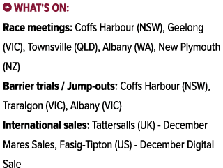 ￼ What's on: Race meetings: Coffs Harbour (NSW), Geelong (VIC), Townsville (QLD), Albany (WA), New Plymouth (NZ) Barr...