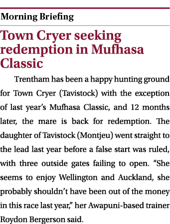  ￼ Town Cryer seeking redemption in Mufhasa Classic Trentham has been a happy hunting ground for Town Cryer (Tavistoc...