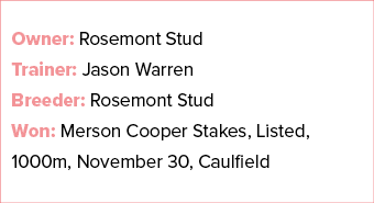 Owner: Rosemont Stud Trainer: Jason Warren Breeder: Rosemont Stud Won: Merson Cooper Stakes, Listed, 1000m, November ...