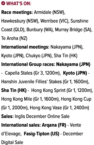 ￼ What's on: Race meetings: Armidale (NSW), Hawkesbury (NSW), Werribee (VIC), Sunshine Coast (QLD), Bunbury (WA), Mur...