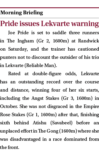  ￼ Pride issues Lekvarte warning Joe Pride is set to saddle three runners in The Ingham (Gr 2, 1600m) at Randwick on ...