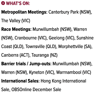 ￼ What's on: Metropolitan Meetings: Canterbury Park (NSW), The Valley (VIC) Race Meetings: Murwillumbah (NSW), Warren...