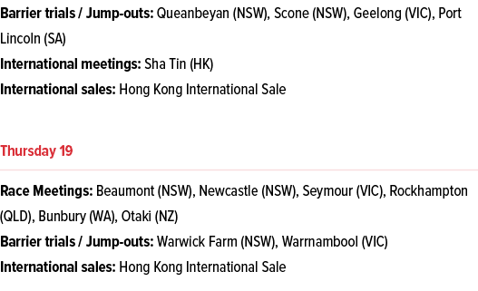 Barrier trials / Jump outs: Queanbeyan (NSW), Scone (NSW), Geelong (VIC), Port Lincoln (SA) International meetings: S...