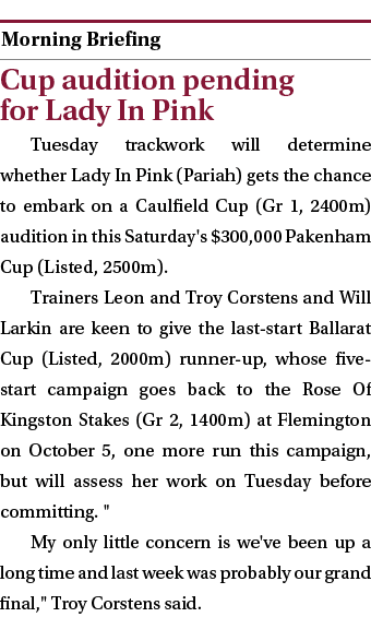  ￼ Cup audition pending for Lady In Pink Tuesday trackwork will determine whether Lady In Pink (Pariah) gets the chan...