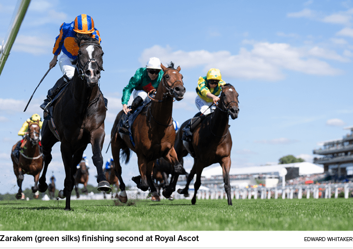 Zarakem (green silks) finishing second at Royal Ascot Edward Whitake