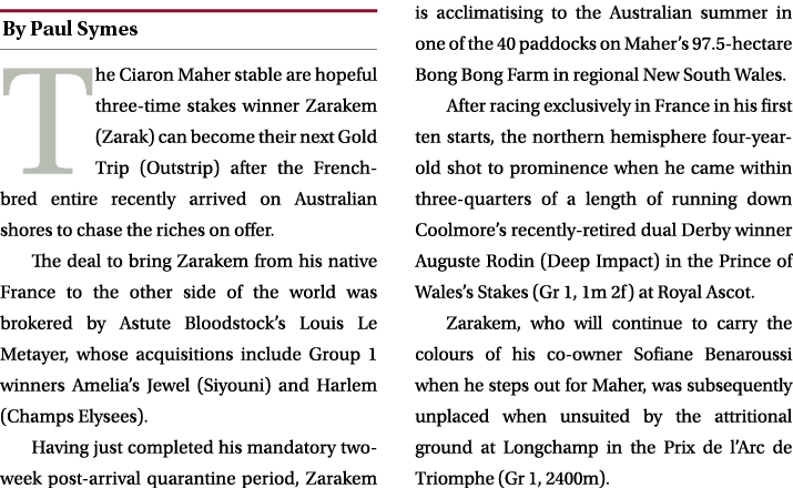 ￼ The Ciaron Maher stable are hopeful three time stakes winner Zarakem (Zarak) can become their next Gold Trip (Outst...