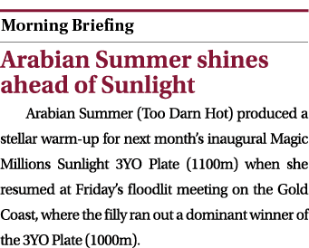  ￼ Arabian Summer shines ahead of Sunlight Arabian Summer (Too Darn Hot) produced a stellar warm up for next month’s ...