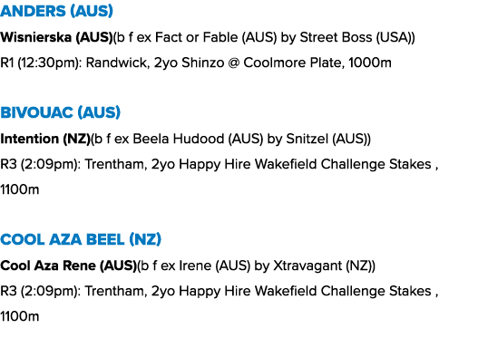 Anders (AUS) Wisnierska (AUS)(b f ex Fact or Fable (AUS) by Street Boss (USA)) R1 (12:30pm): Randwick, 2yo Shinzo @ C...