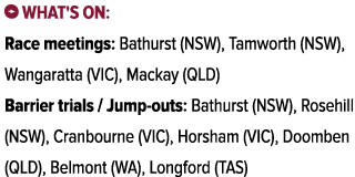 ￼ What's on: Race meetings: Bathurst (NSW), Tamworth (NSW), Wangaratta (VIC), Mackay (QLD) Barrier trials / Jump outs...