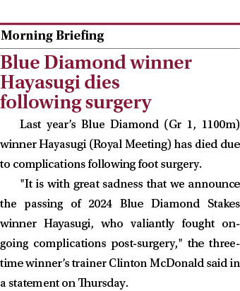  ￼ Blue Diamond winner Hayasugi dies following surgery Last year’s Blue Diamond (Gr 1, 1100m) winner Hayasugi (Royal ...