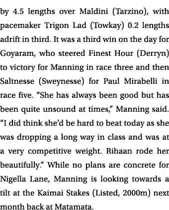 by 4.5 lengths over Maldini (Tarzino), with pacemaker Trigon Lad (Towkay) 0.2 lengths adrift in third. It was a third...