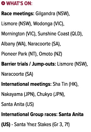 ￼ What's on: Race meetings: Gilgandra (NSW), Lismore (NSW), Wodonga (VIC), Mornington (VIC), Sunshine Coast (QLD), Al...