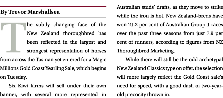 ￼ The subtly changing face of the New Zealand thoroughbred has been reflected in the largest and strongest representa...