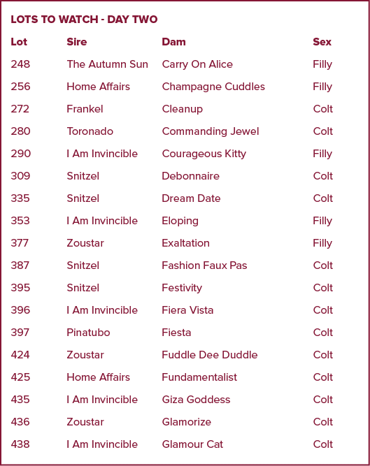 LOTS TO WATCH DAY TWO Lot Sire Dam Sex 248 The Autumn Sun Carry On Alice Filly 256 Home Affairs Champagne Cuddles Fil...