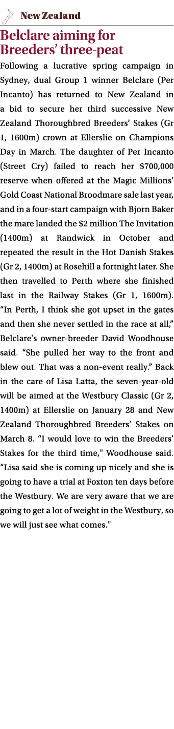 ￼ Belclare aiming for Breeders’ three peat Following a lucrative spring campaign in Sydney, dual Group 1 winner Belcl...