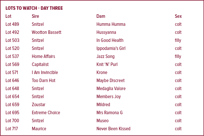 LOTS TO WATCH DAY THREE Lot Sire Dam Sex Lot 489 Snitzel Humma Humma colt Lot 492 Wootton Bassett Hussyanna colt Lot ...