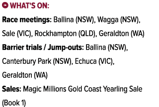 ￼ What's on: Race meetings: Ballina (NSW), Wagga (NSW), Sale (VIC), Rockhampton (QLD), Geraldton (WA) Barrier trials ...