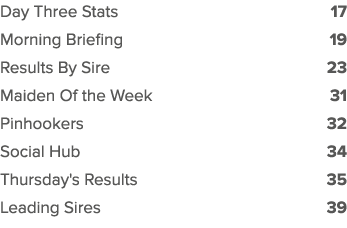 Day Three Stats 17 Morning Briefing 19 Results By Sire 23 Maiden Of the Week 31 Pinhookers 32 Social Hub 34 Thursday'...