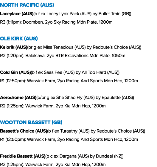 North Pacific (AUS) Laceylace (AUS)(b f ex Lacey Lynx Pack (AUS) by Bullet Train (GB)) R3 (1:11pm): Doomben, 2yo Sky ...